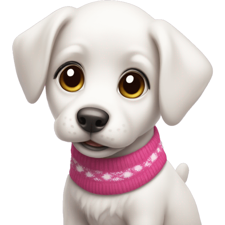 cute white puppy with huge eyes wearing a pink christmas sweater  emoji