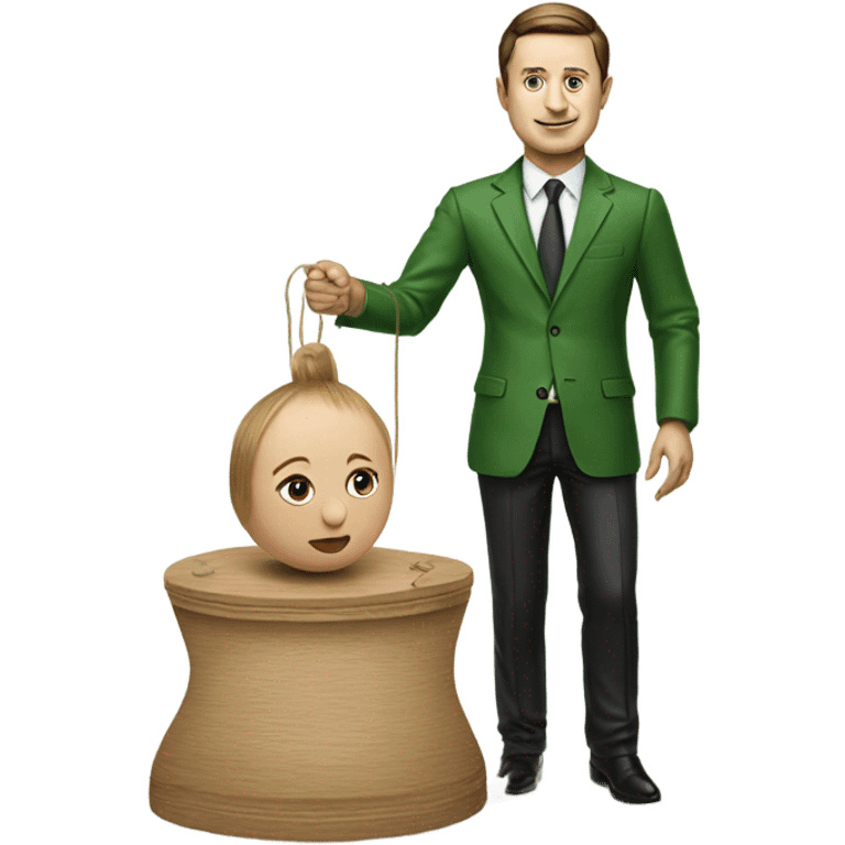 Hyper realistic Zelensky pulls the strings of a wooden doll emoji