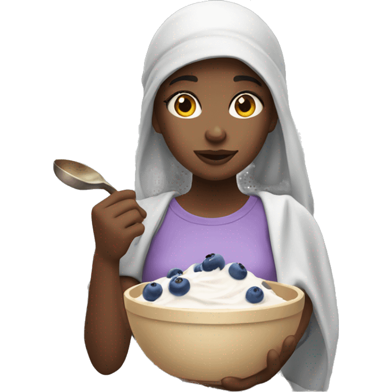 A girl with a blueberry yoghurt bowl emoji