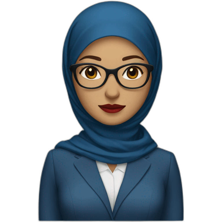 Hijabi white woman with glasses and brown eyes wearing a blue suit and red lipstick emoji