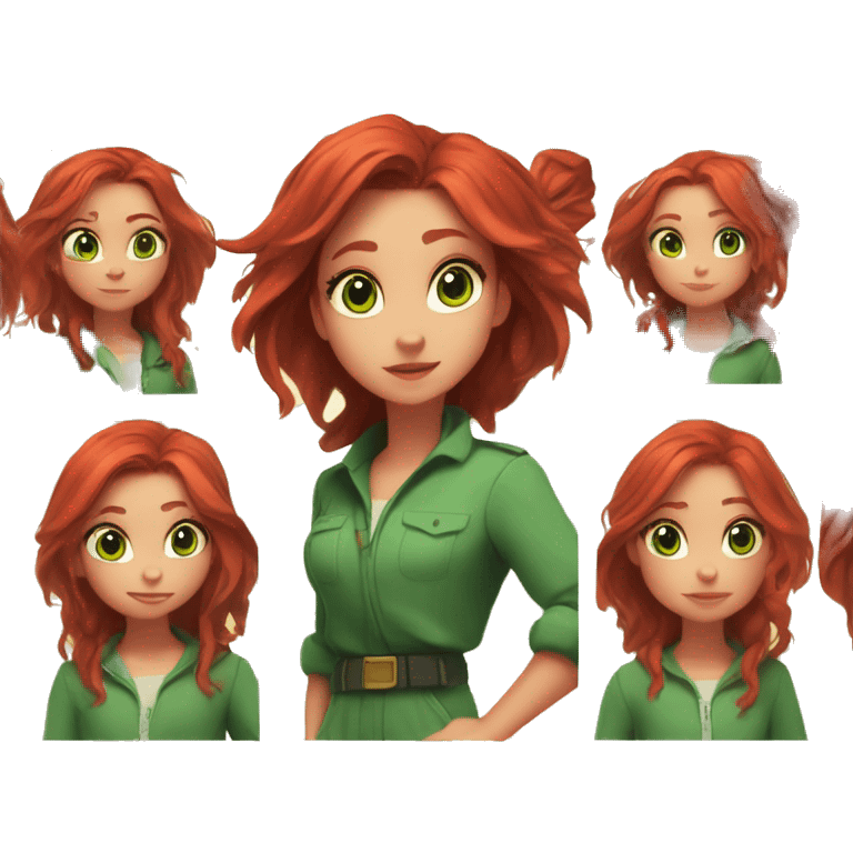 Cute Girl, Big green eyes, Long red hair, Green loose fitting pantsuit Running, Disney anime style, cinematic lighting emoji