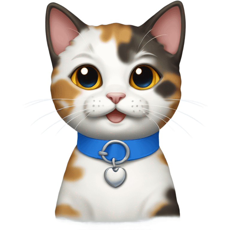 happy cute tortoiseshell white cat with blue cat collar, full body,  from half side perspective  emoji