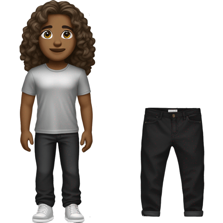 brown long wavy hair and brown eyes and black with silver t shirt and black pants and silver braclet and belinciaga shoes emoji