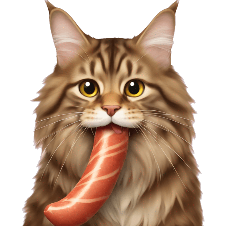 Maine coon eats a big sausage emoji