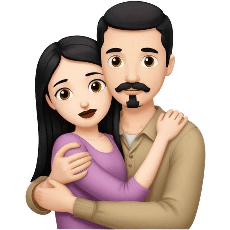 Tall pale man with brown mustache and goatee, hugging small pale woman long with black hair emoji