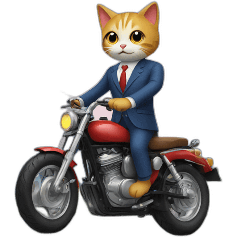 A cute cat, dressed in a suit, riding a motorcycle, the bird mountain bright style emoji