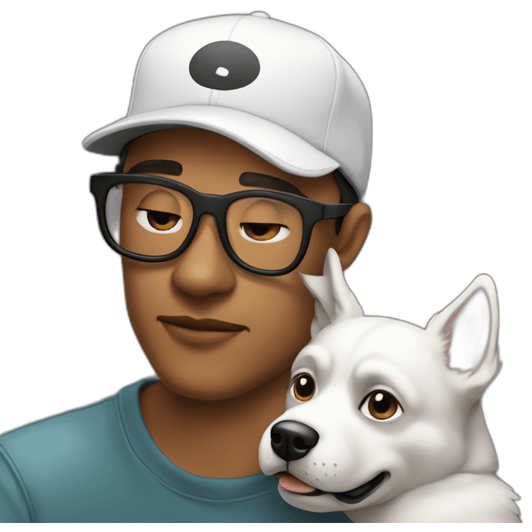 shibba dog resting on a man's lap. man is wearing a black baseball cap, has 5 o'clock shadow, is white, and wearing clear acetate glasses emoji