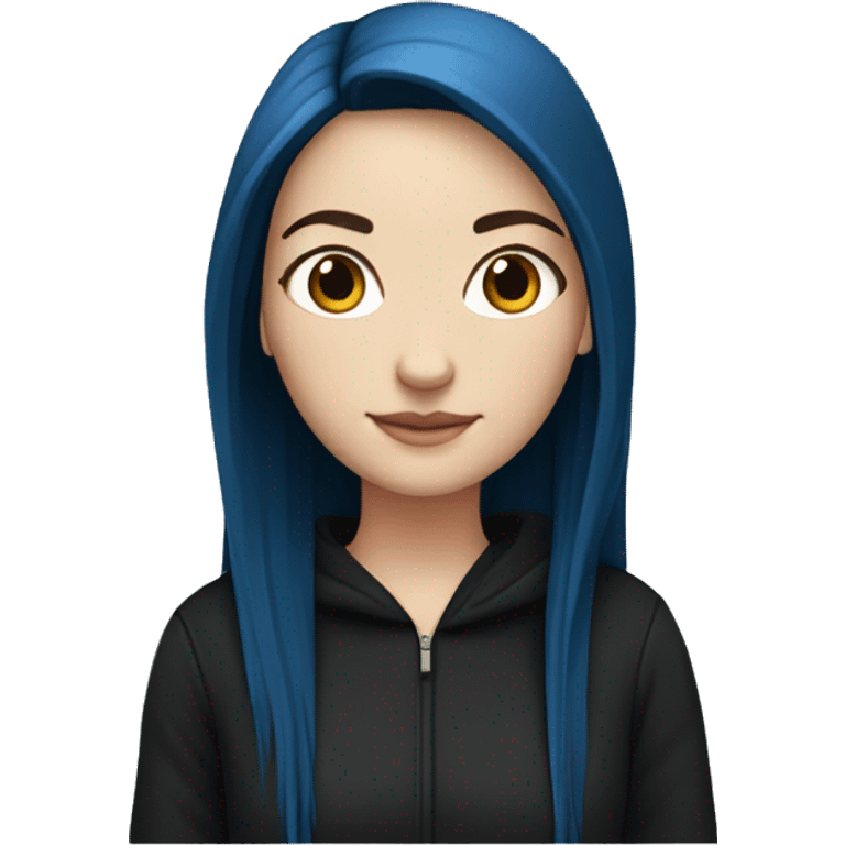 white girl with long straight dark blue hair wearing black hoodie emoji