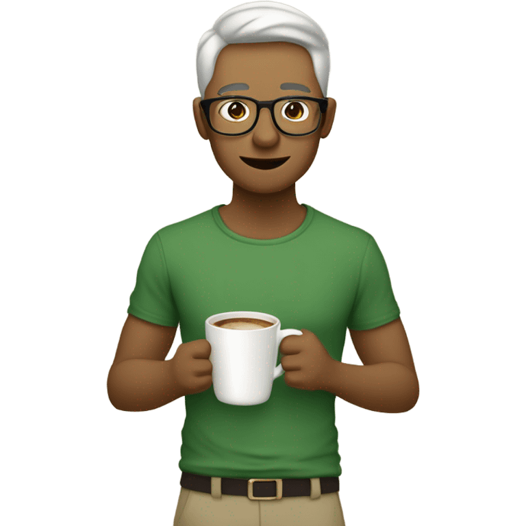 Una persona tomando una taza de café con una cara seria,camisa verde,pantalón beige,y lentes,piel clara. emoji