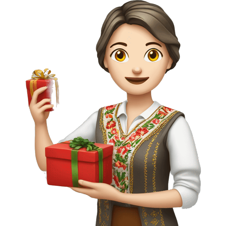 A female teacher in Ukrainian embroidery holds a gift in her hand emoji