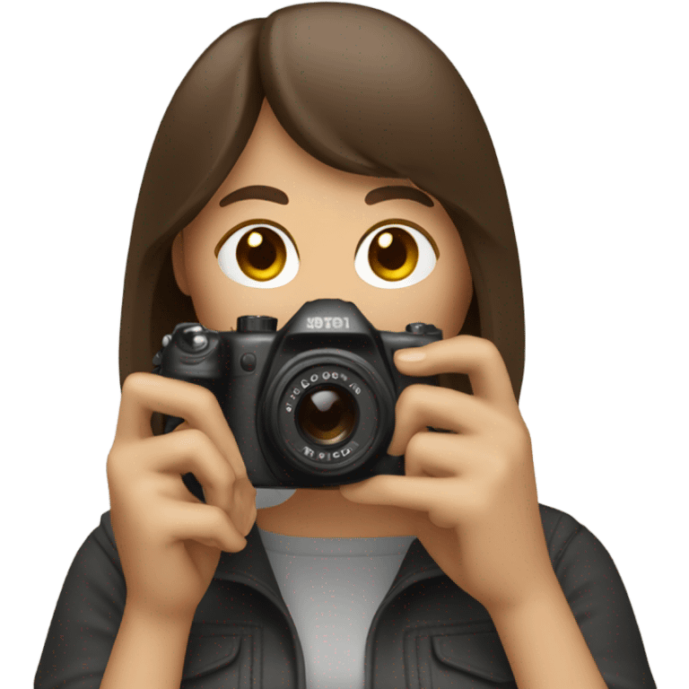 Woman with bangs, brown hair, with a camera taking pictures emoji