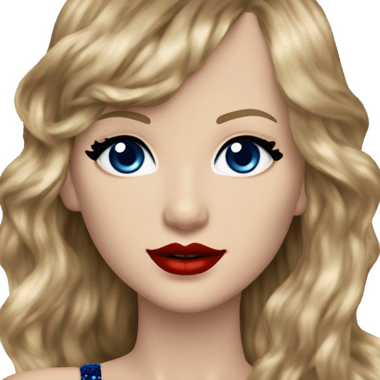 Realistic Taylor swift wearing navy blue glittery sequin bodysuit and dark blonde long hair with red lipstick and blue eyes  emoji