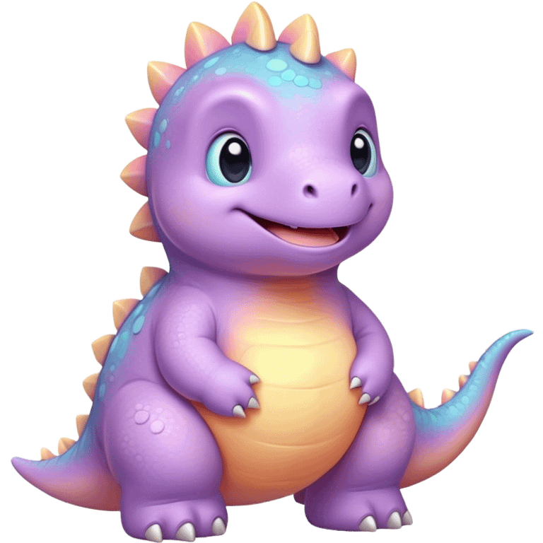 Cinematic tiny pastel dinosaur, chubby round body, tiny feet, big sparkling eyes, soft glowing colors, happy and friendly expression, radiating warmth. emoji