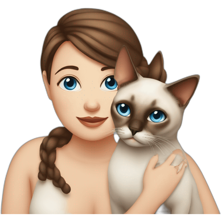 Blue-eyed fat girl with brown hair with siamese cat and miniature pincher emoji