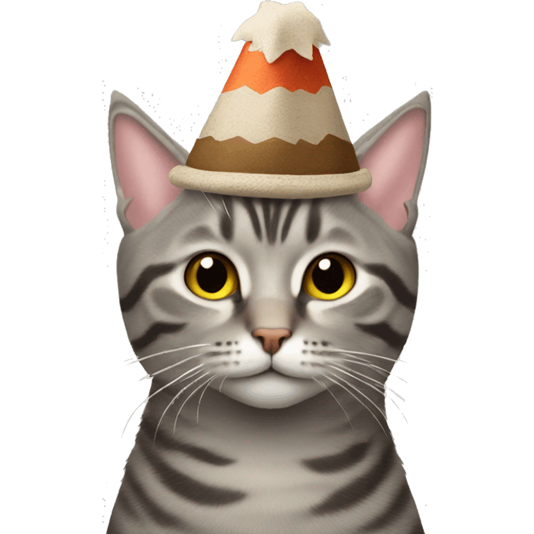 Gray tabby cat wearing a turkey hat emoji