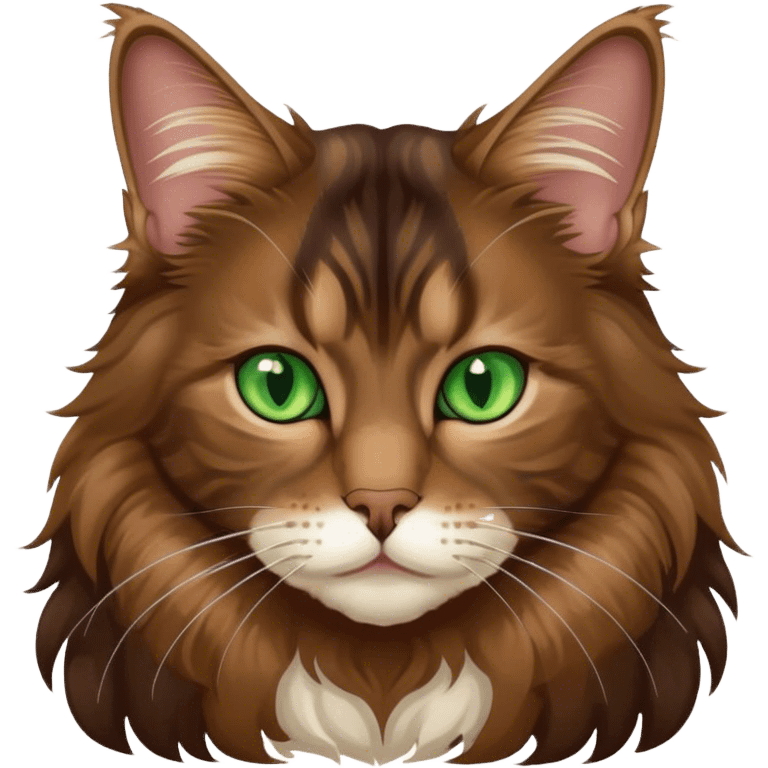 A brown and black long haired Maine coon cat with green eyes emoji