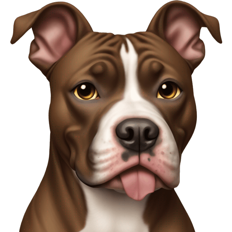 American pit bull dog, completely brown, clipped ears, muzzle with open mouth. Serious view. emoji