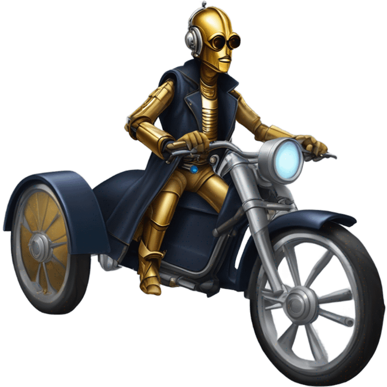 Bounty hunter C-3PO Jedi wearing a pair of navy-blue rimmed steampunk goggles, hat, leather chaps, fringe jacket riding a relaxed sci-fi 3 wheeler trike steampunk rat rod motorcycle with large fenders and saddlebags in desert town  emoji