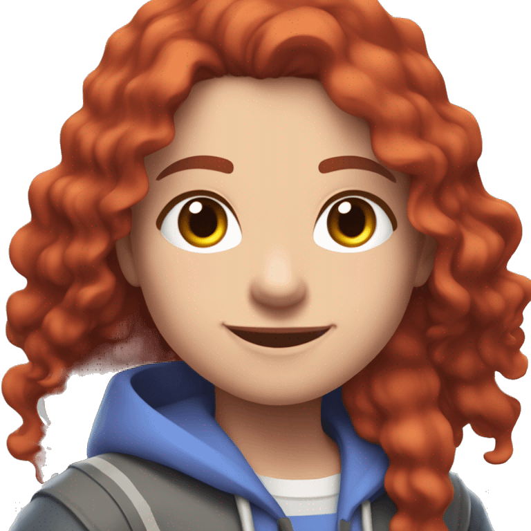 a white girl with long red curly hair and freckles, wearing periwinkle Minecraft hoodie playing a videogame smiling emoji