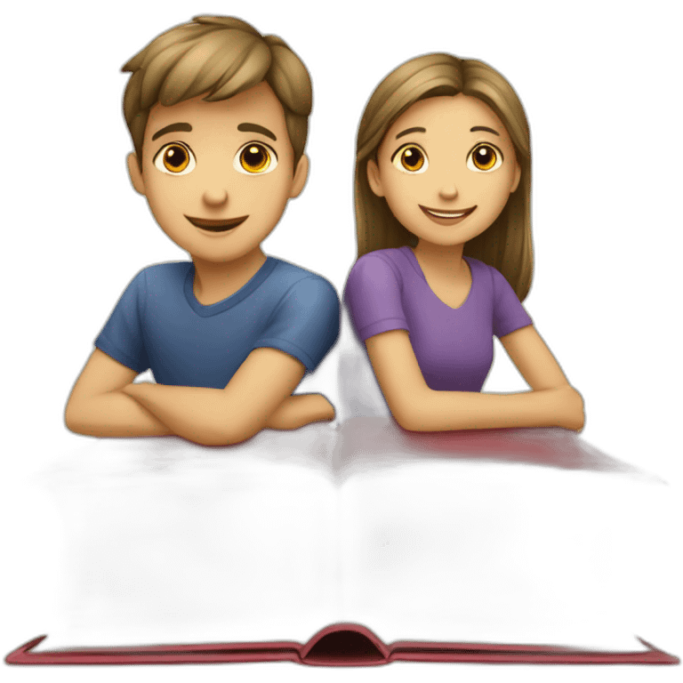 boy and girl of seven years old with an English textbook emoji