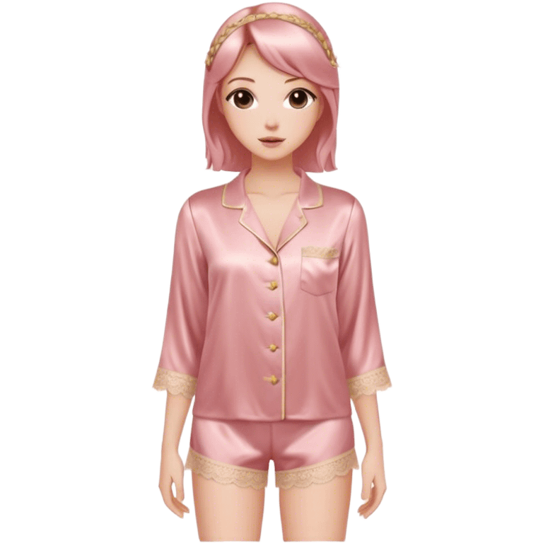 Rose gold silk pajama set, shorts with lace trim emoji