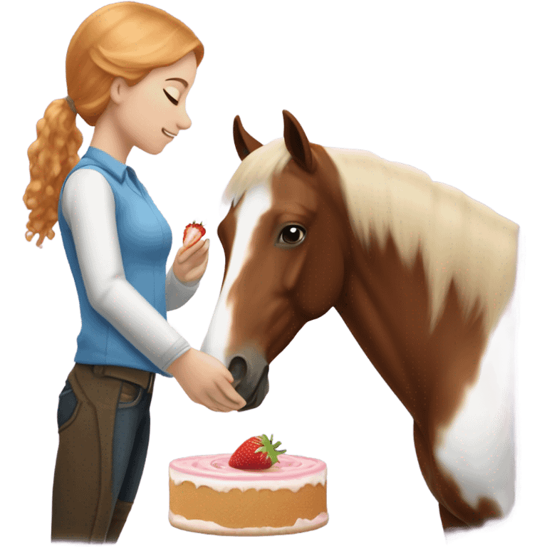 White teen girl with strawberry blonde hair giving a treat to a brown and white paint horse emoji