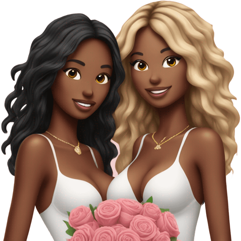 Realistic Photo of 2 Victoria secret models pregnant posing with flowers emoji