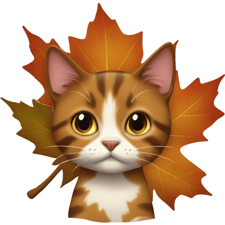 Brown calico cat dressed as maple leaf emoji