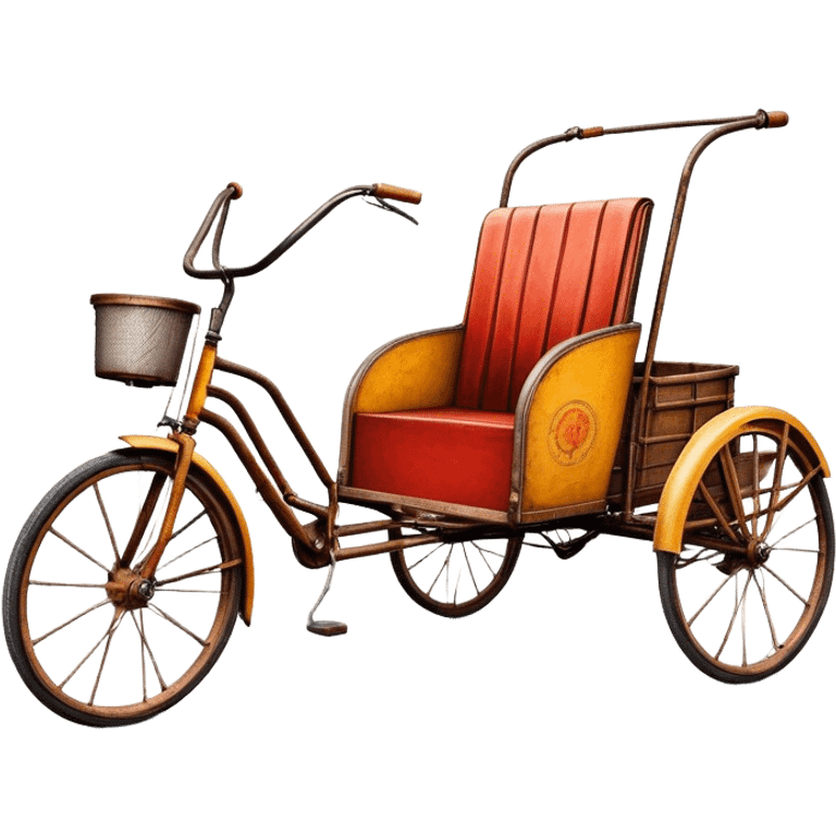 ​Cinematic Realistic Tricycle Rickshaw, depicted as a vintage manually operated vehicle featuring two front wheels and a single rear wheel, rendered with detailed rustic textures, vibrant colors, and dynamic urban lighting that captures its unique design and cultural charm, emoji