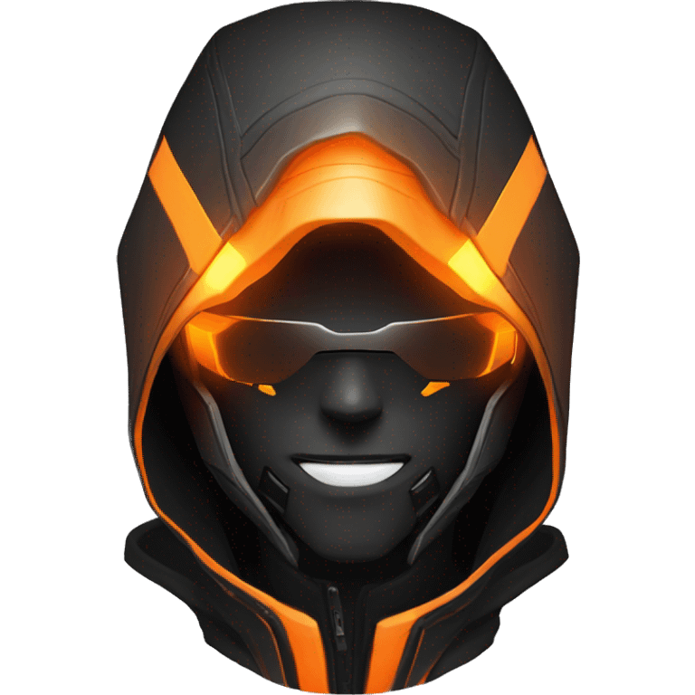  developer behind his laptop with this style : crysis Cyberpunk Valorant orange glowing bright orange character orange black hooded assassin themed character emoji