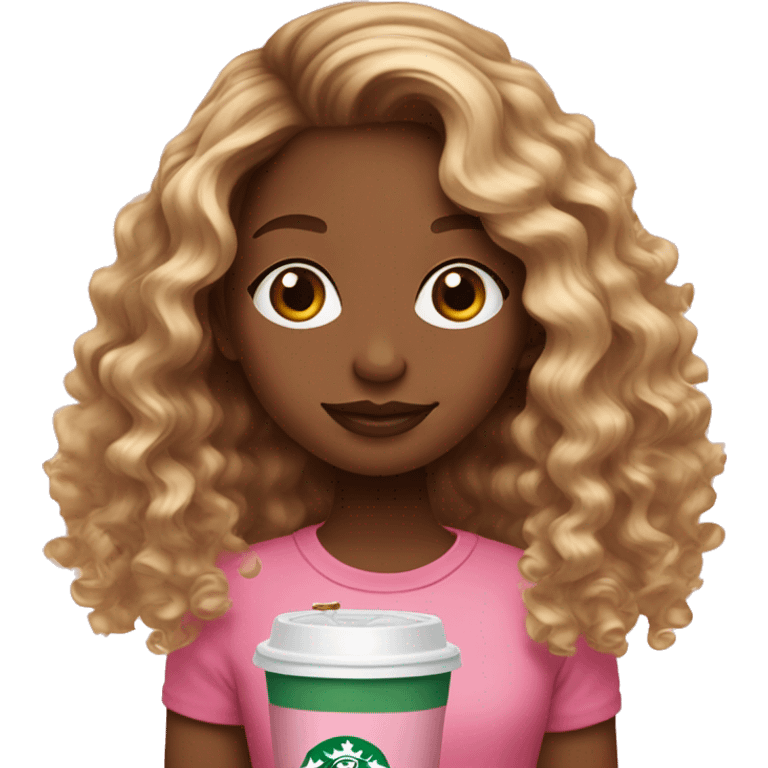 girl with brown and blonde ombré long curly hair holding Pink starbucks refresher emoji