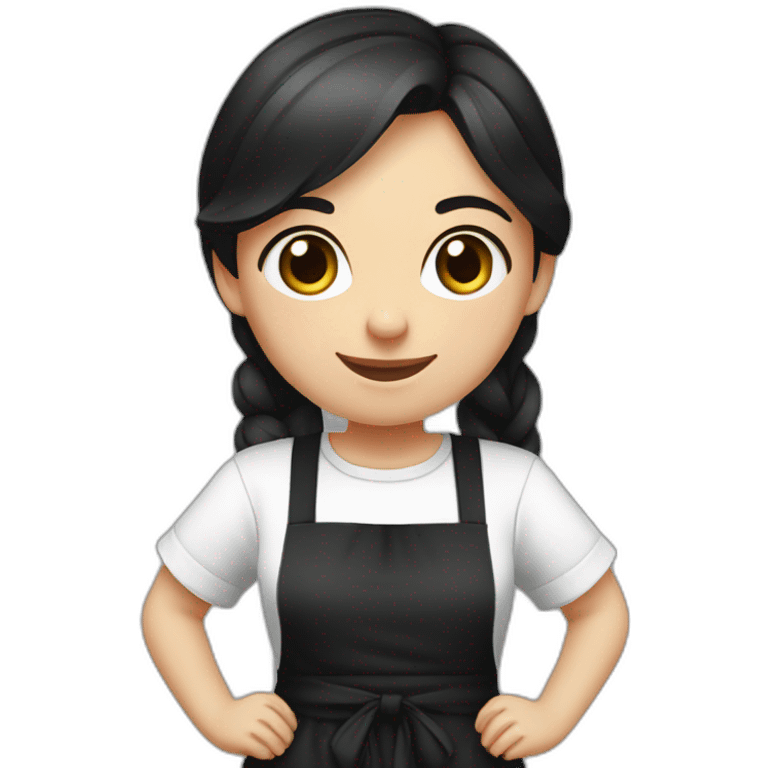 Slavic girl with dark hair in a white T-shirt and a black apron smiles with a rag in her hands and her hands on her sides emoji