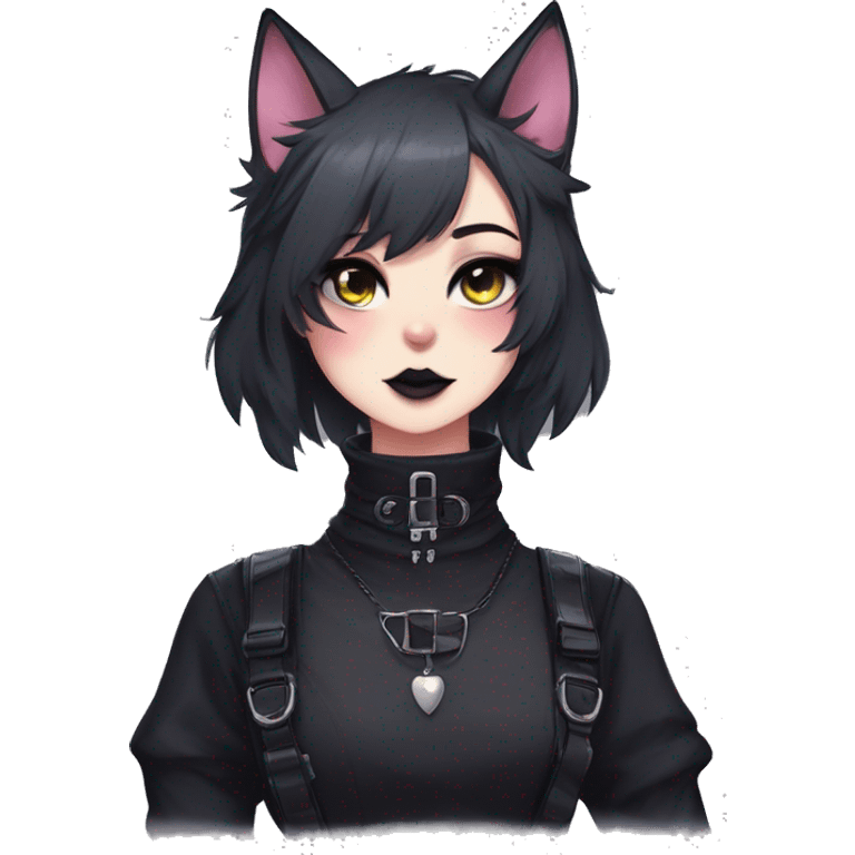 Gorgeous furry gothic dark techwear anime style anthro black cat fursona with blushing face aesthetic and pretty edgy black with collar and harness trending style emoji