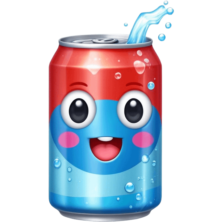 Cute Kawaii Soda Can, bubbly and vibrant, bright red and blue stripes, playful fizz popping around, a chubby happy face with wide sparkling eyes, energetic and refreshing! emoji