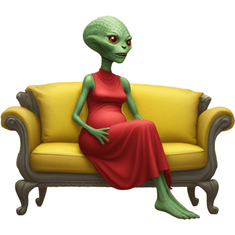 reptilian alien woman in red dress,pregnant, sitting on a jellow couch  emoji