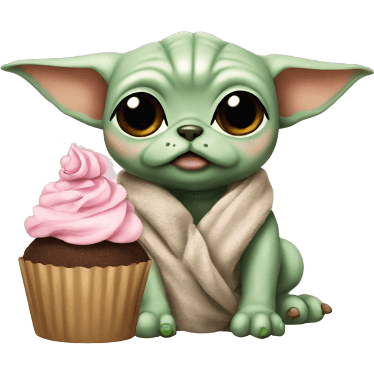 Baby yoda with amstaff dog and cupcake emoji