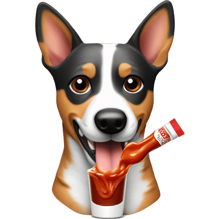 Australian cattle dog holding tobasco sauce emoji