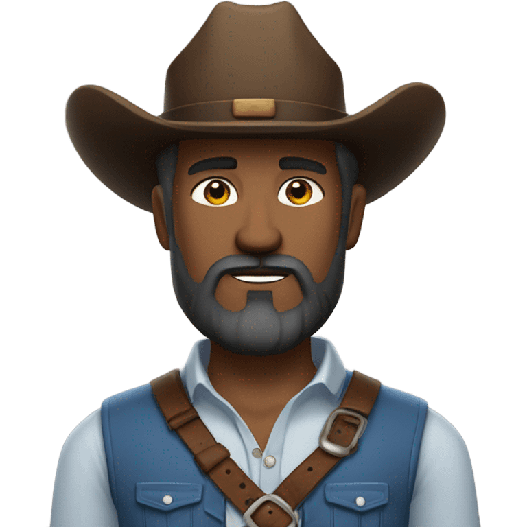 a rugged cowboy with a thick beard, wearing a blue vest over a classic western shirt and a brown belt with a silver buckle. He should have a confident stance, exuding a strong and adventurous frontier spirit. emoji