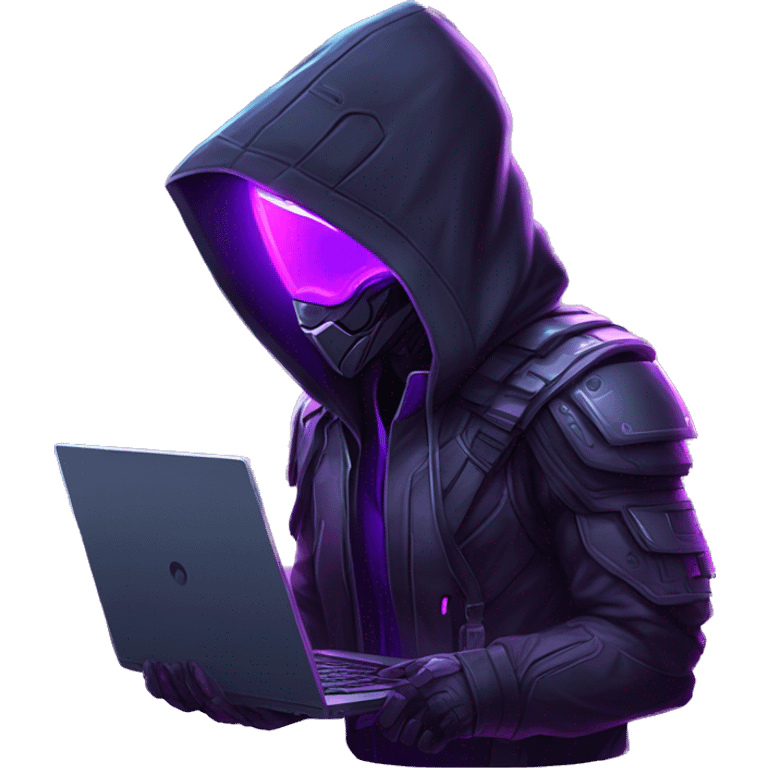 Side view developer behind his laptop with this style : crysis Cyberpunk Valorant neon glowing bright purple character purple violet black hooded assassin themed character emoji