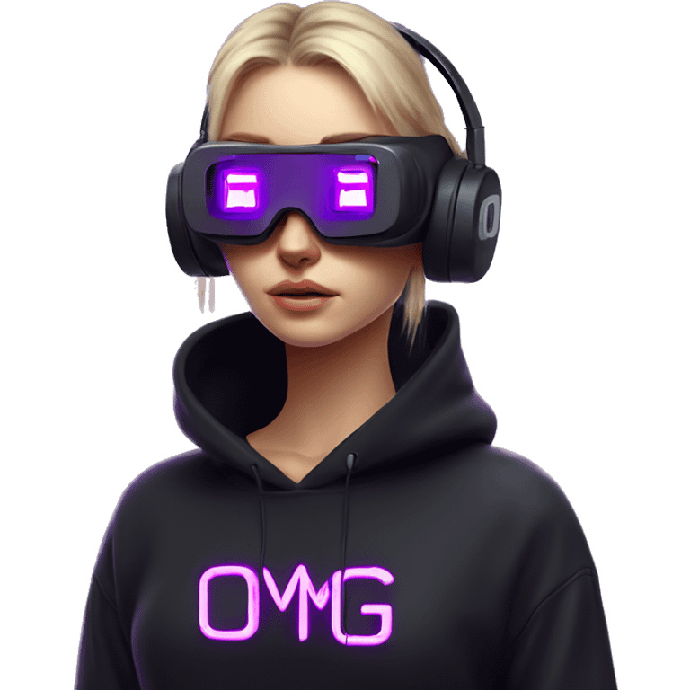 Russian girl wearing black hoody with violet letters "OMG", in vr headset. Cyberpunk style. Violet neon. emoji