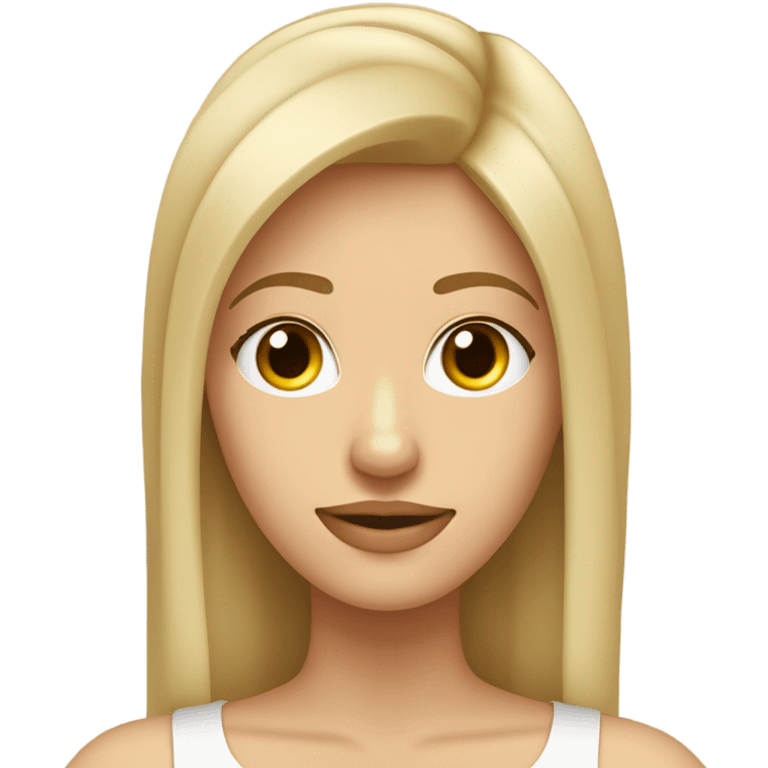 Mujer con cabello rubio lacio, bajo el hombro, con flequillo de lado, frente amplia y aros de argolla. Con una polera con cuello en color beige con cuello. emoji