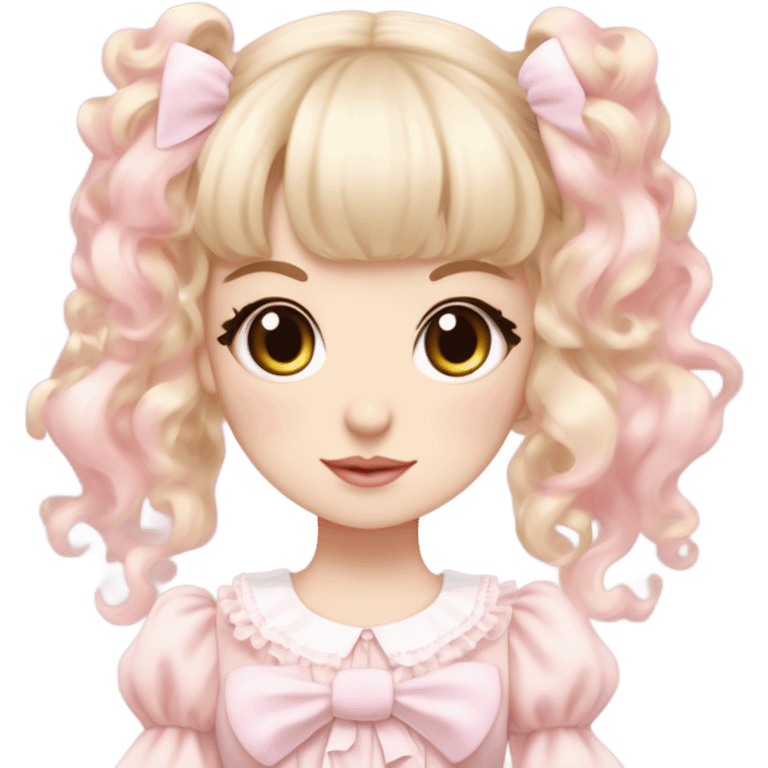 pale girl , who has curly medium length blonde and baby pink swirled hair with bangs , grey eyes , and doll like makeup , in a light pink lolita hime gyaru dress  emoji