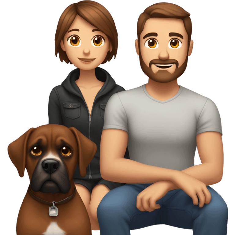 a girl with brown hair, a man with short buzz brown hair with a beard, sitting, with two brown boxer dogs emoji