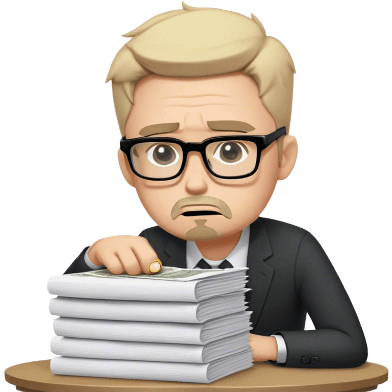 Create an emoji-style character of a sad business owner with black rectangular glasses and a light stubble (afternoon shadow beard, not a full beard). He looks frustrated and disappointed as he hands over a massive stack of work (papers, laptop, or files) in exchange for a tiny coin. His posture is slouched, and his facial expression conveys exhaustion and regret. The style should be simple, expressive, and instantly recognizable as an emoji. emoji