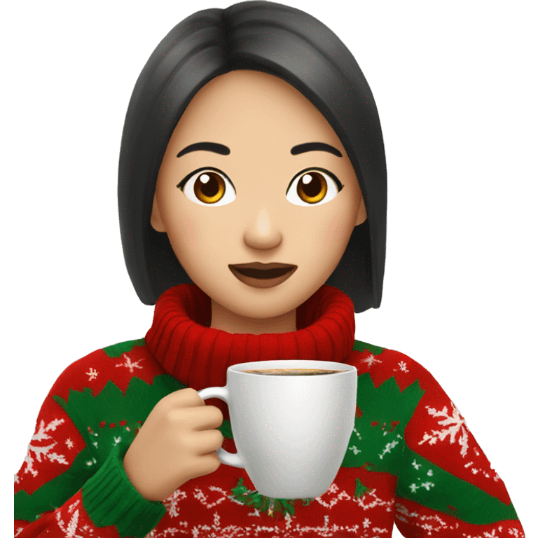 asian girl drinking coffee wearing Christmas sweater emoji