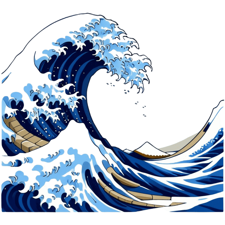 Cinematic Realistic Great Wave off Kanagawa, depicted as a colossal, crashing wave with dynamic blue hues and frothy white crests, rendered with intricate textures and fluid motion that captures both the timeless power and poetic beauty of the iconic Japanese artwork emoji