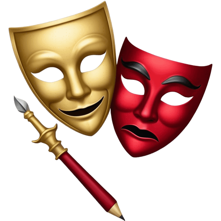 Create a bold and dramatic emoji representing the art of playwriting. The design should feature an open script or a theater playbook, with stylized text inside. Include elements like a theatrical comedy and tragedy masks, a stage spotlight, or a writting quill to symbolize creativity and performance. Use deep, contrasting colors like red, black, and gold to evoke the intensity and passion of drama. The overall design should feel dramatic, inspiring, and artistic. Make the background transparent.
 emoji