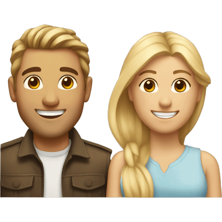 Woman and man smiling, woman has straight Brown hair in a ponytail, slightly sunkissed skin, man has blonde long hair which are in a ponytail, slightly sunkissed skin emoji