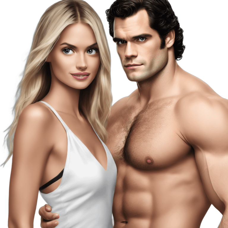 realistic photo of Henry Cavill close under a beautiful  victoria secret model  emoji