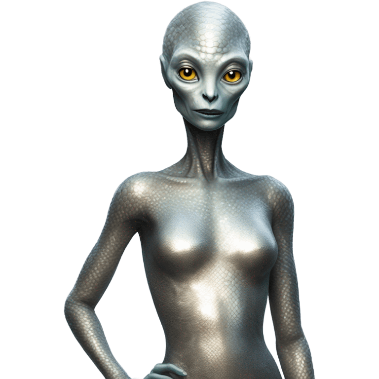 a reptilian alien woman full body, in silver dress emoji